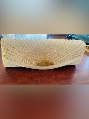 Macy's Cream Clutch with Gold Bead Sunburst